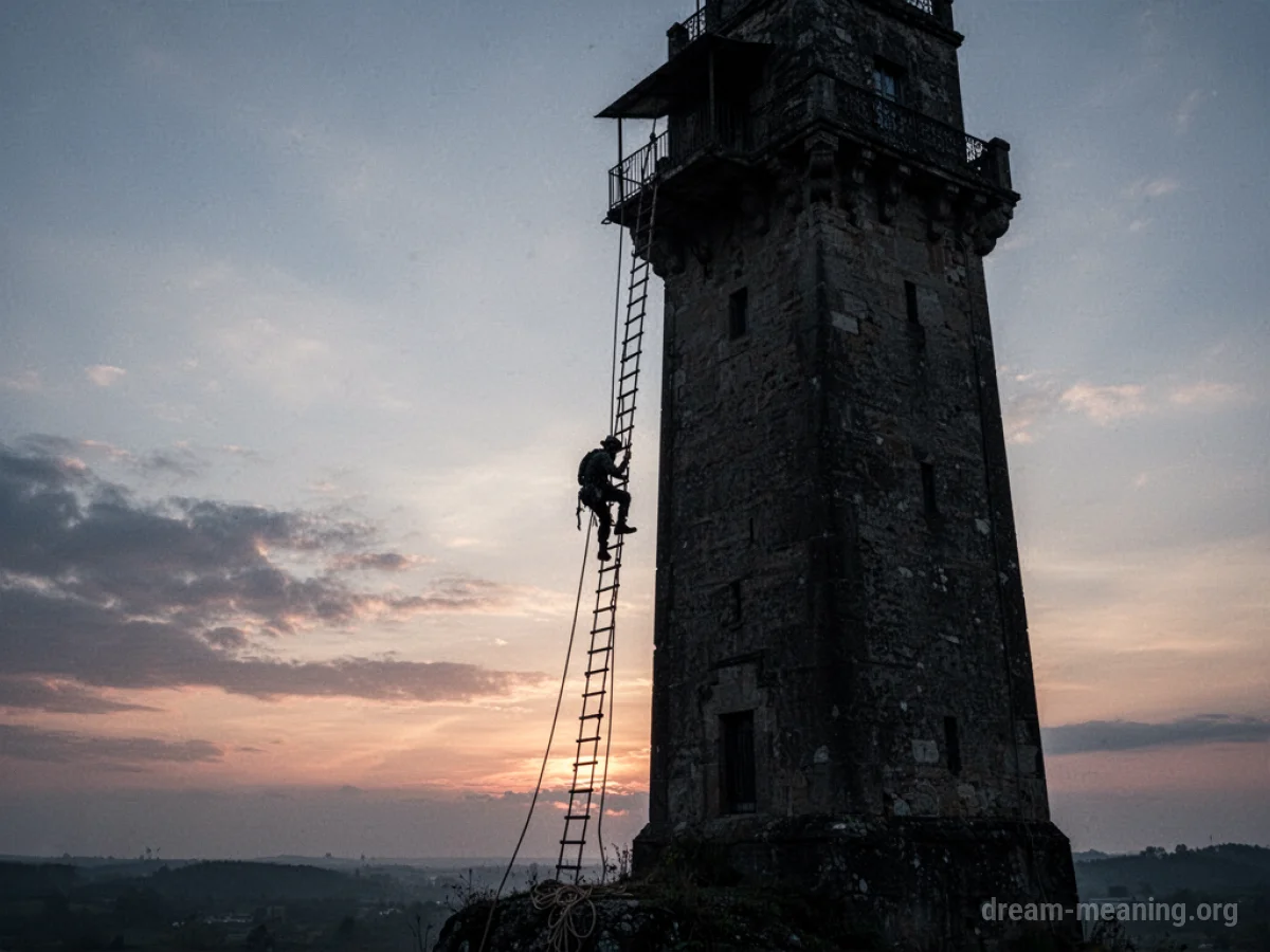 A shadowy figure climbing down a rope ladder from a tall tower.