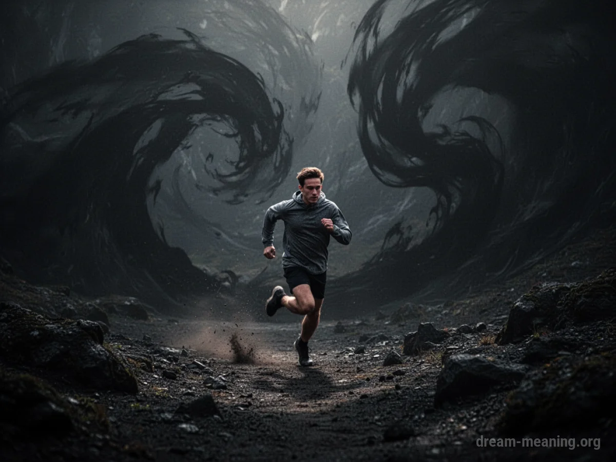 Silhouette of a person running away from indistinct, shadowy forms.
