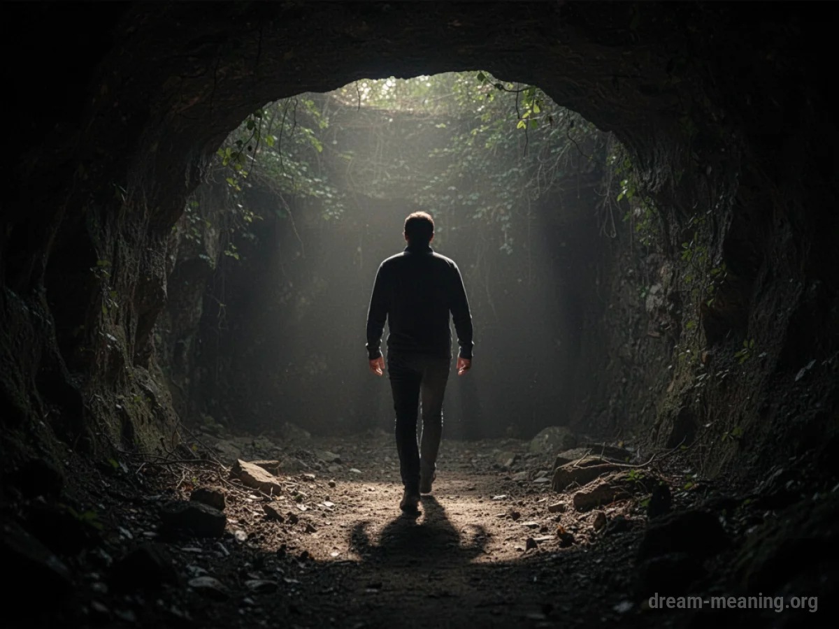 Silhouette of a person walking away from a dark opening.