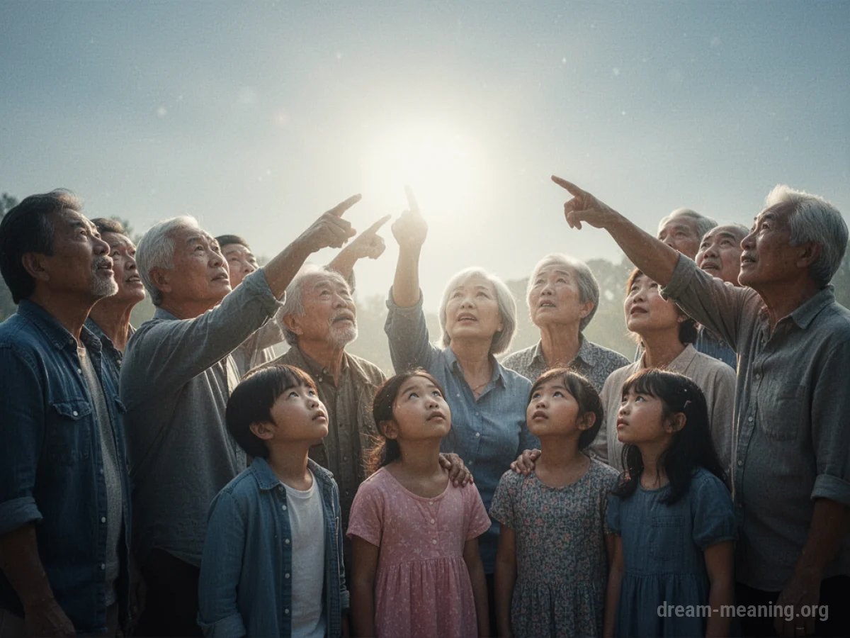 A group of people illuminated by a bright light.