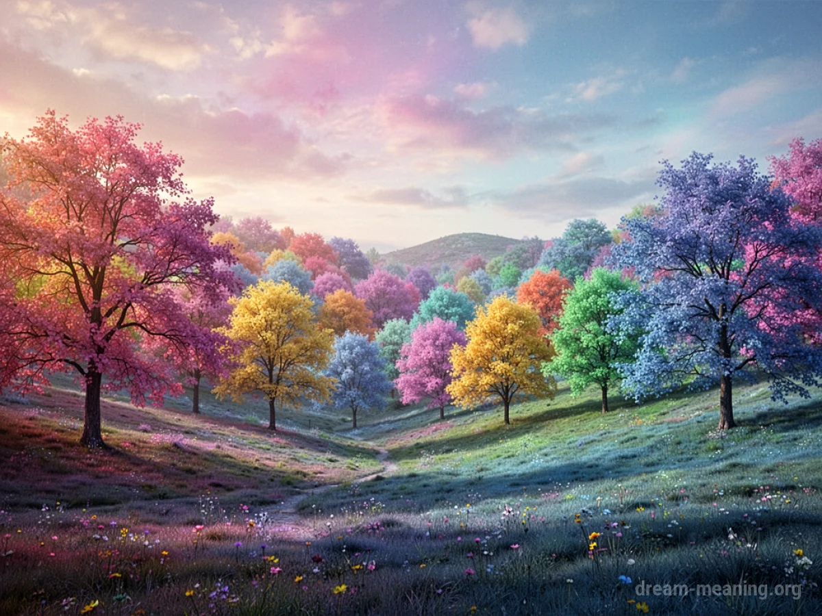 A landscape with objects and natural elements displaying a gradient of changing colors.