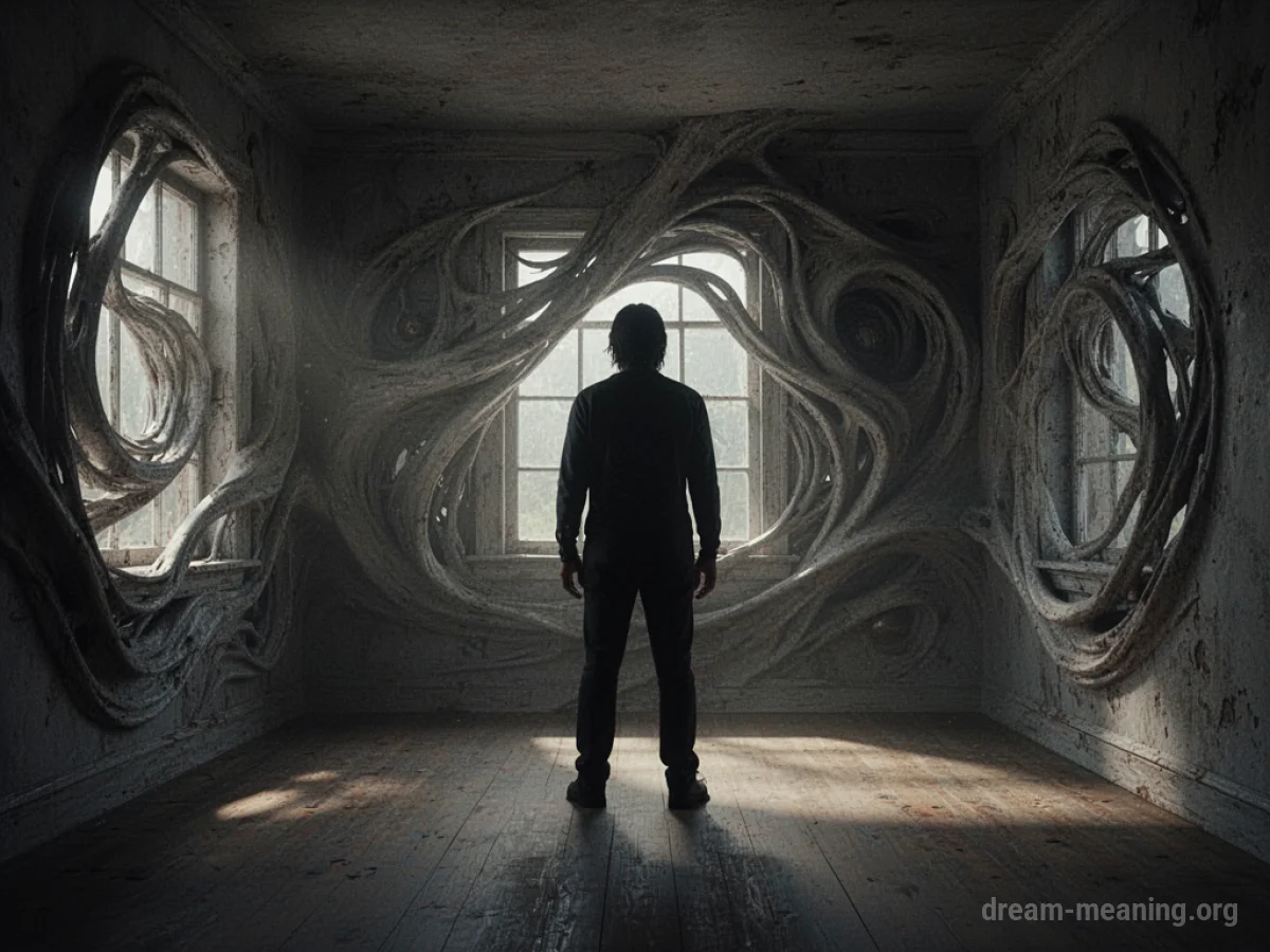 A silhouetted figure in a room with distorted walls.