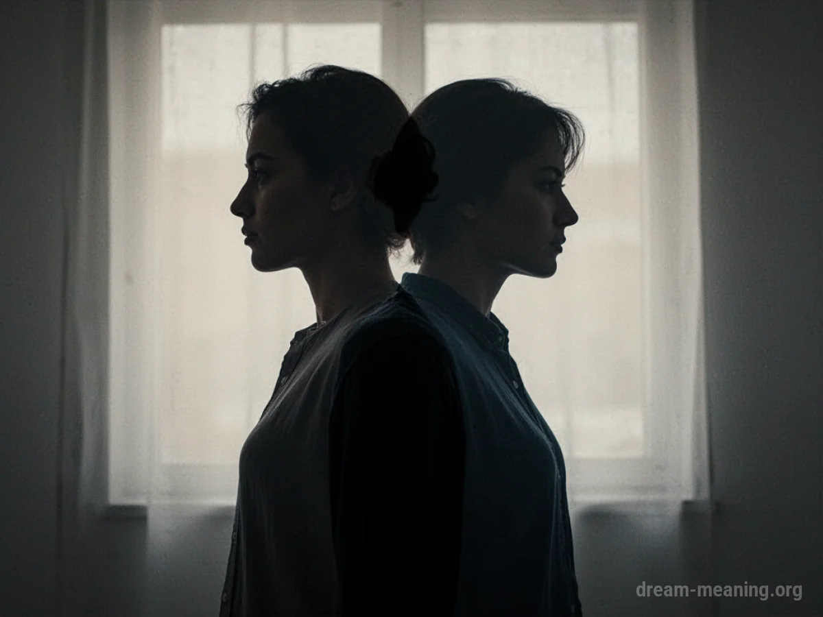 Silhouette of one person behind another, with the rear silhouette slightly darker.