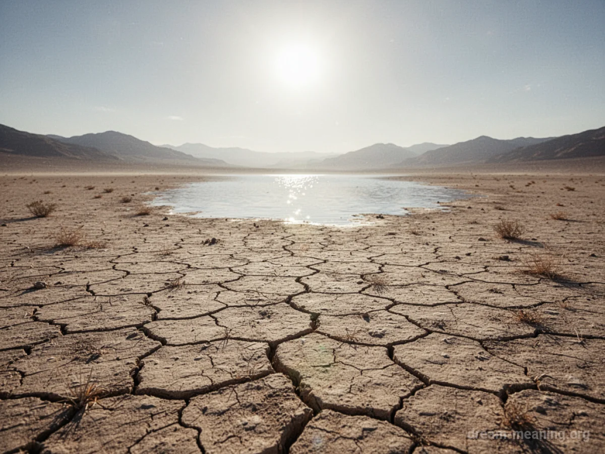 A vast, dry desert with a distant shimmering mirage.