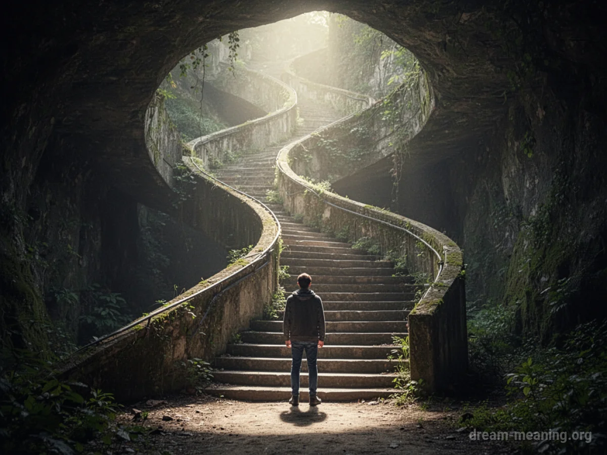 A person stands before a long, upward-sloping staircase.