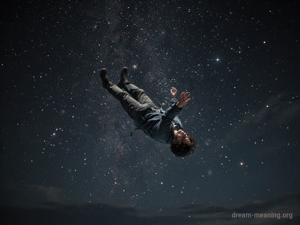 A silhouette of a person falling against a backdrop of stars.