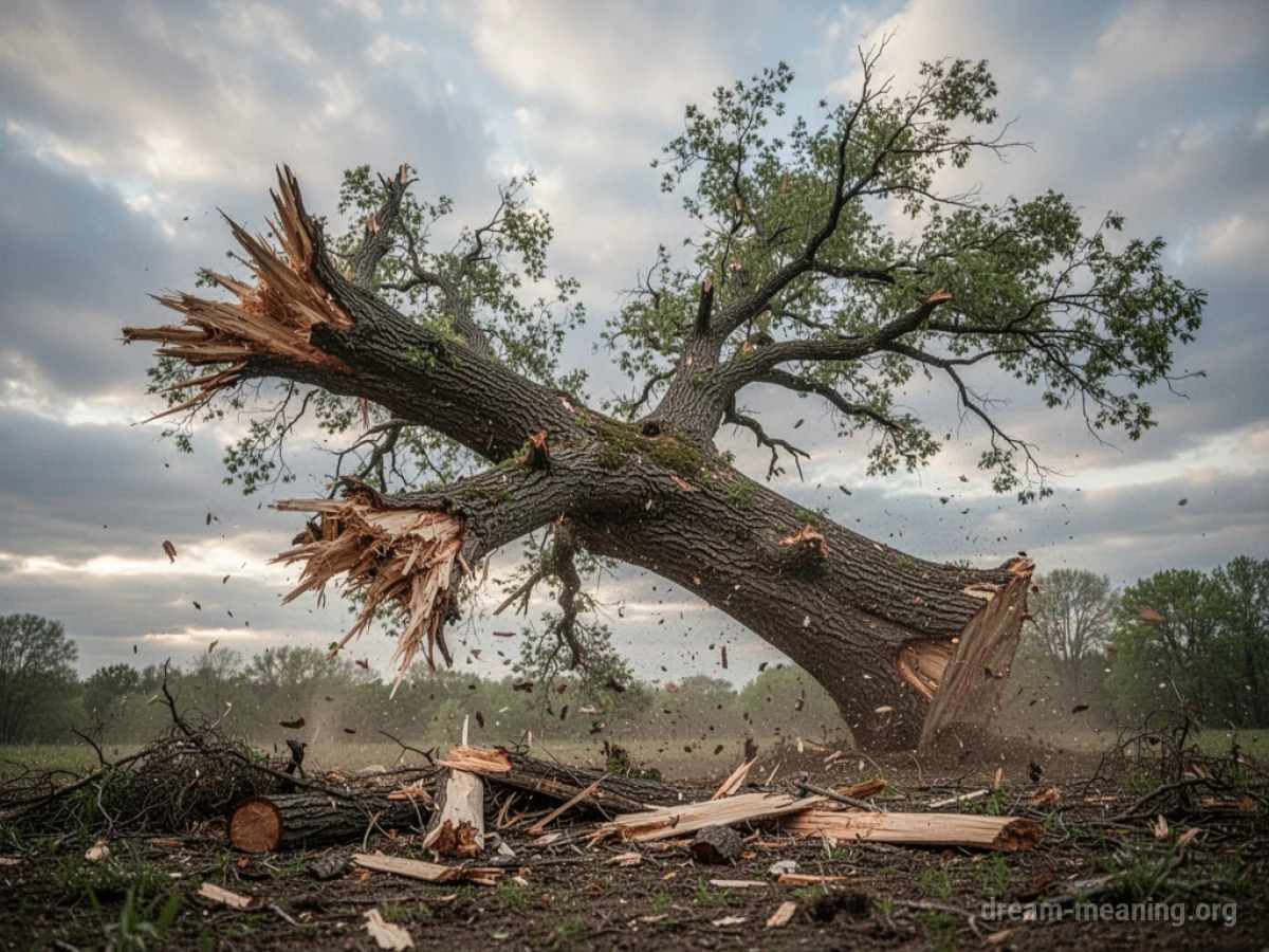 A tree falling with its branches spread out against a sky.