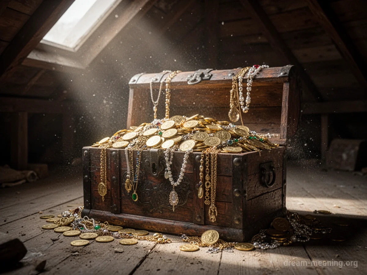 An old wooden chest filled with gold coins and jewels in a dusty attic.