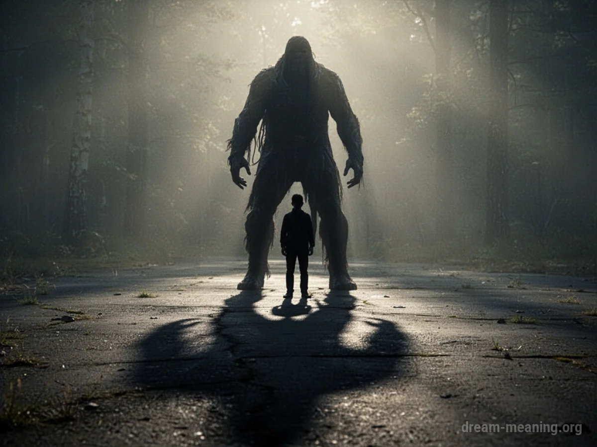 A large, dark silhouette stands over a smaller silhouette.