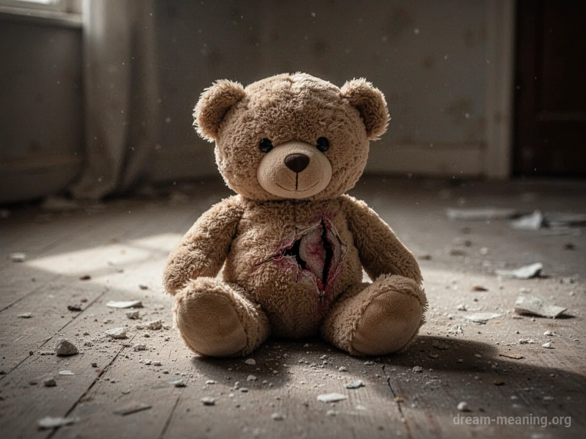 A torn teddy bear lying on a floor.