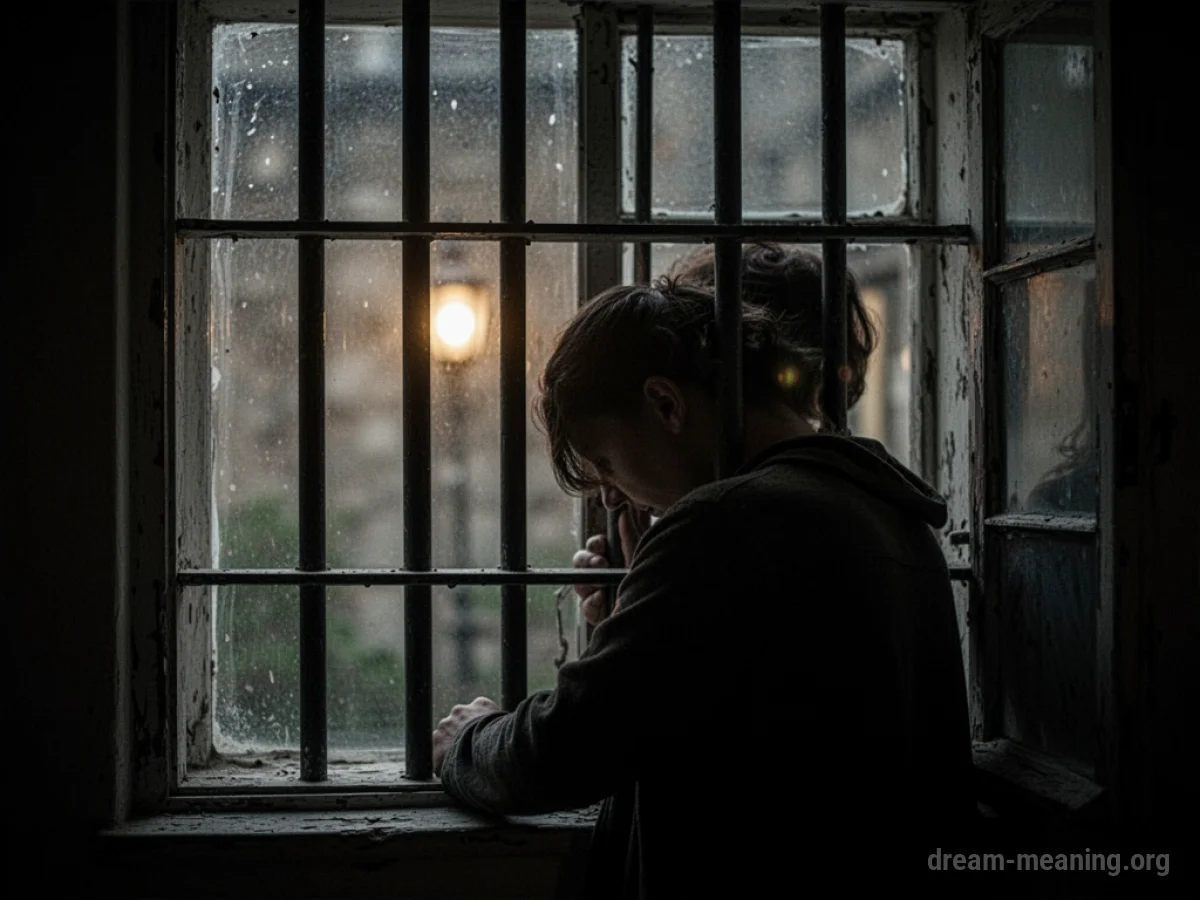 Silhouette of a person looking through window bars.