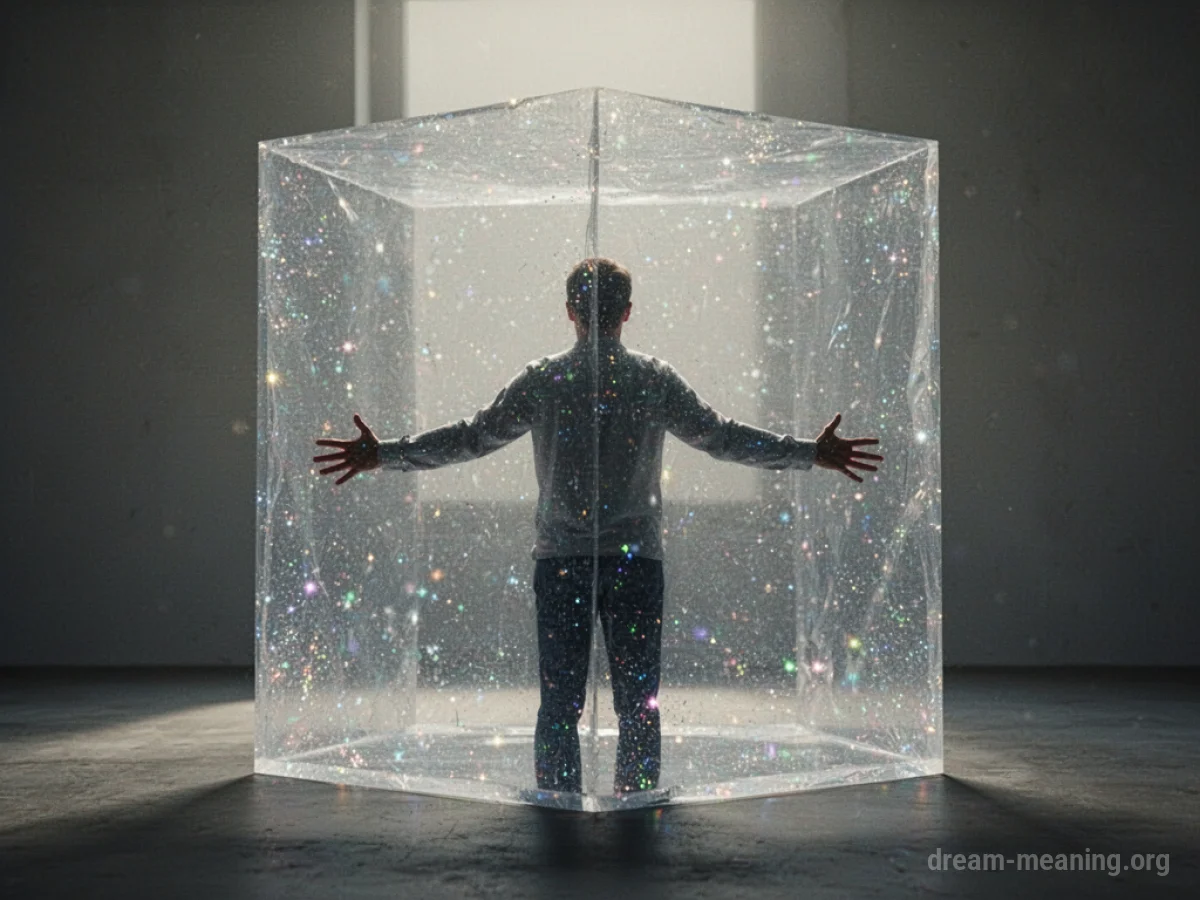 Silhouette of a person inside a glowing cube.