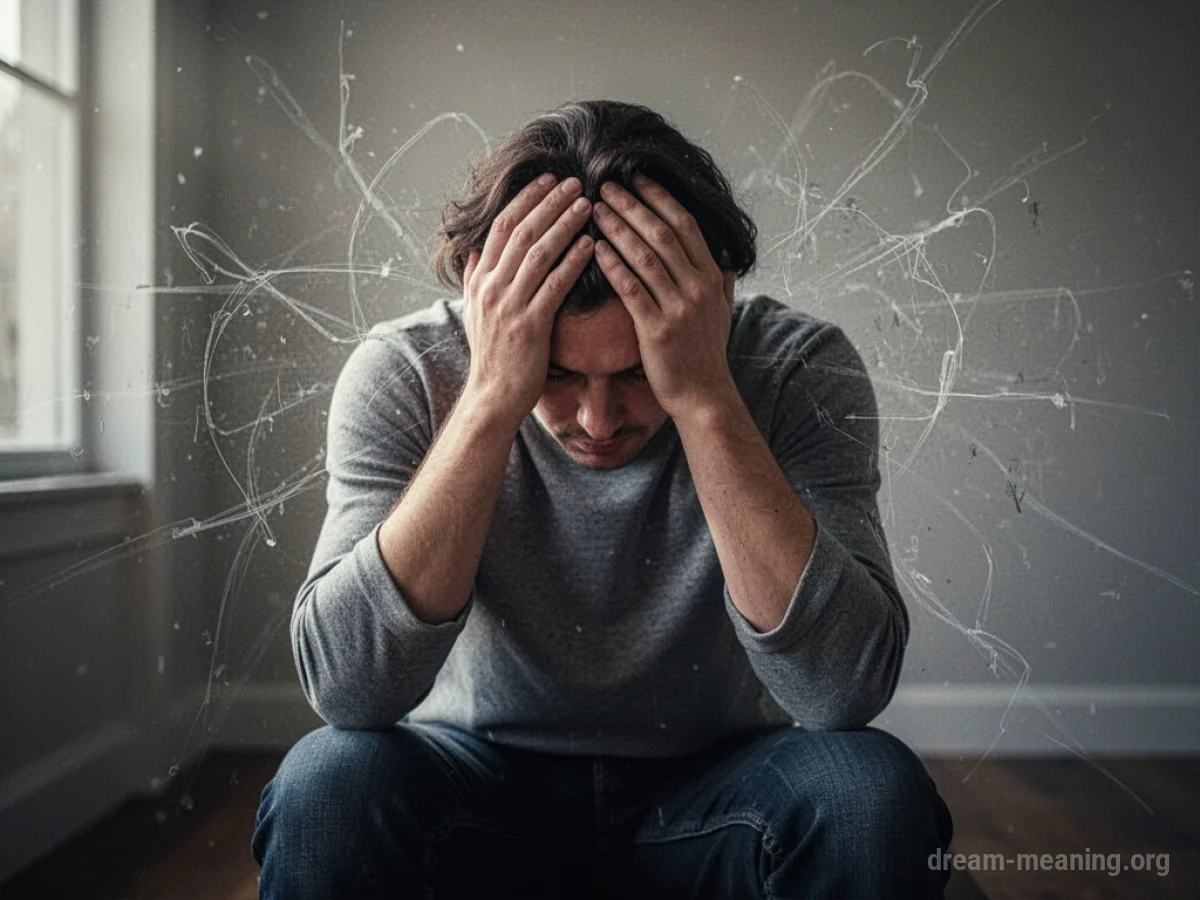 Person sitting with head in hands, surrounded by abstract lines.