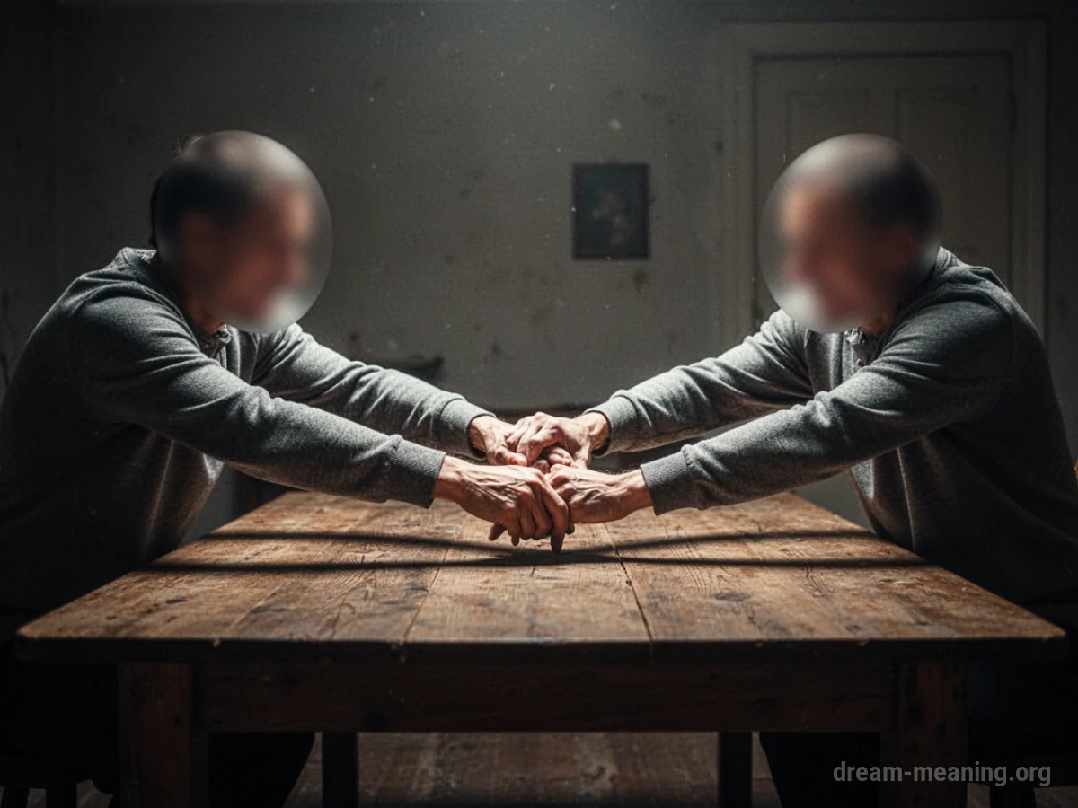 Two indistinct figures struggling over a wooden table.