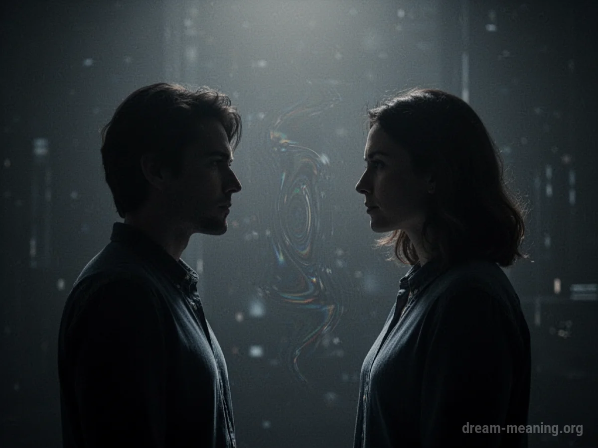 Two dark silhouettes facing each other with distorted lines between them.