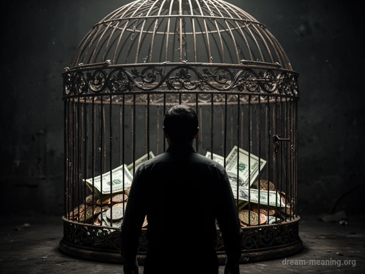 Silhouette of a person facing a cage filled with money.