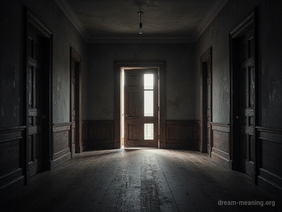 A brightly lit doorway at the end of a long, dark corridor.