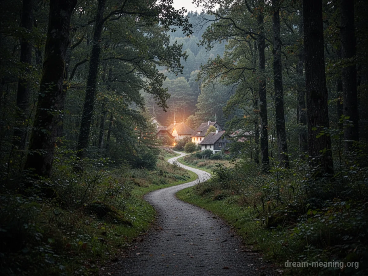 A narrow dirt path disappearing into a dense forest with a soft light visible in the distance.
