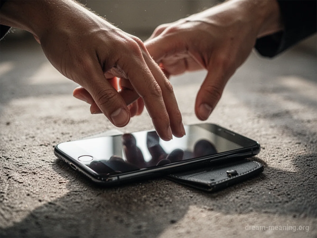 A hand reaching for a smartphone on the ground.