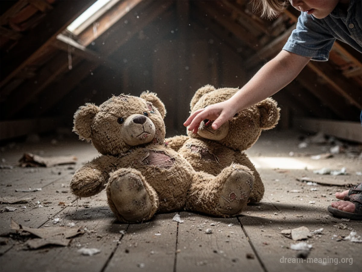 A child's hand reaching for a teddy bear in an attic.