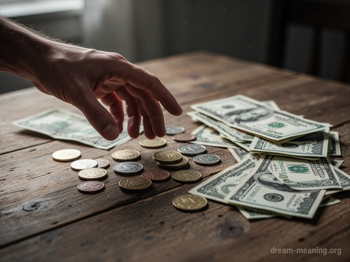 Coins and paper money resting on a wooden table surface.
