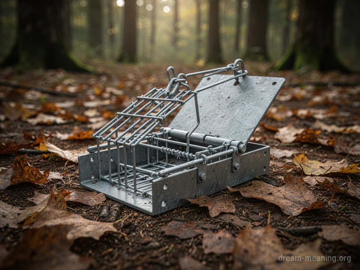 An open animal trap on a bed of leaves.