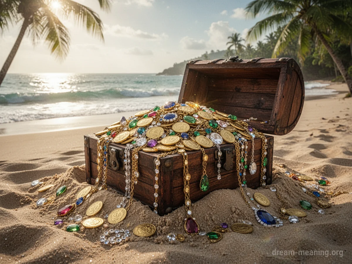 An open treasure chest filled with gold coins and jewels on a sandy beach.