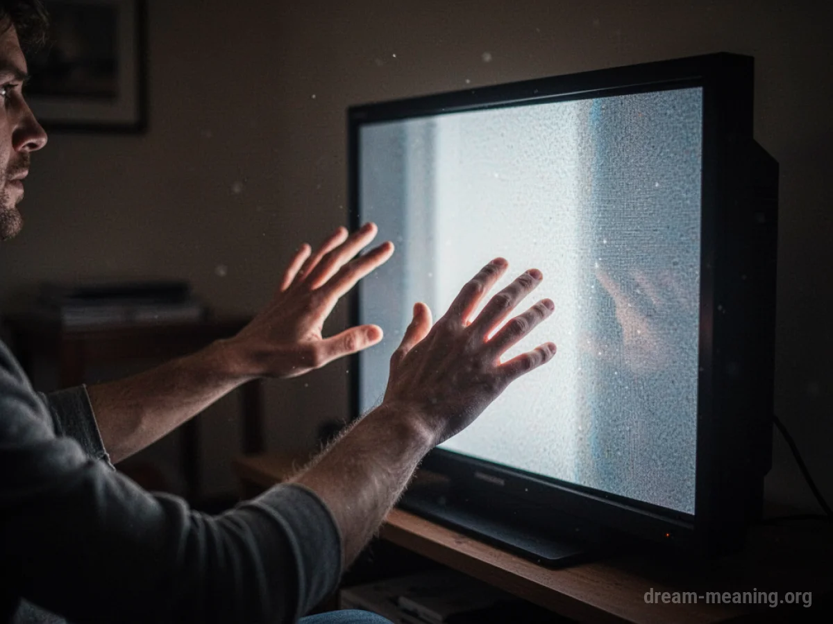 Hands reaching for a lit television screen in a dark room.