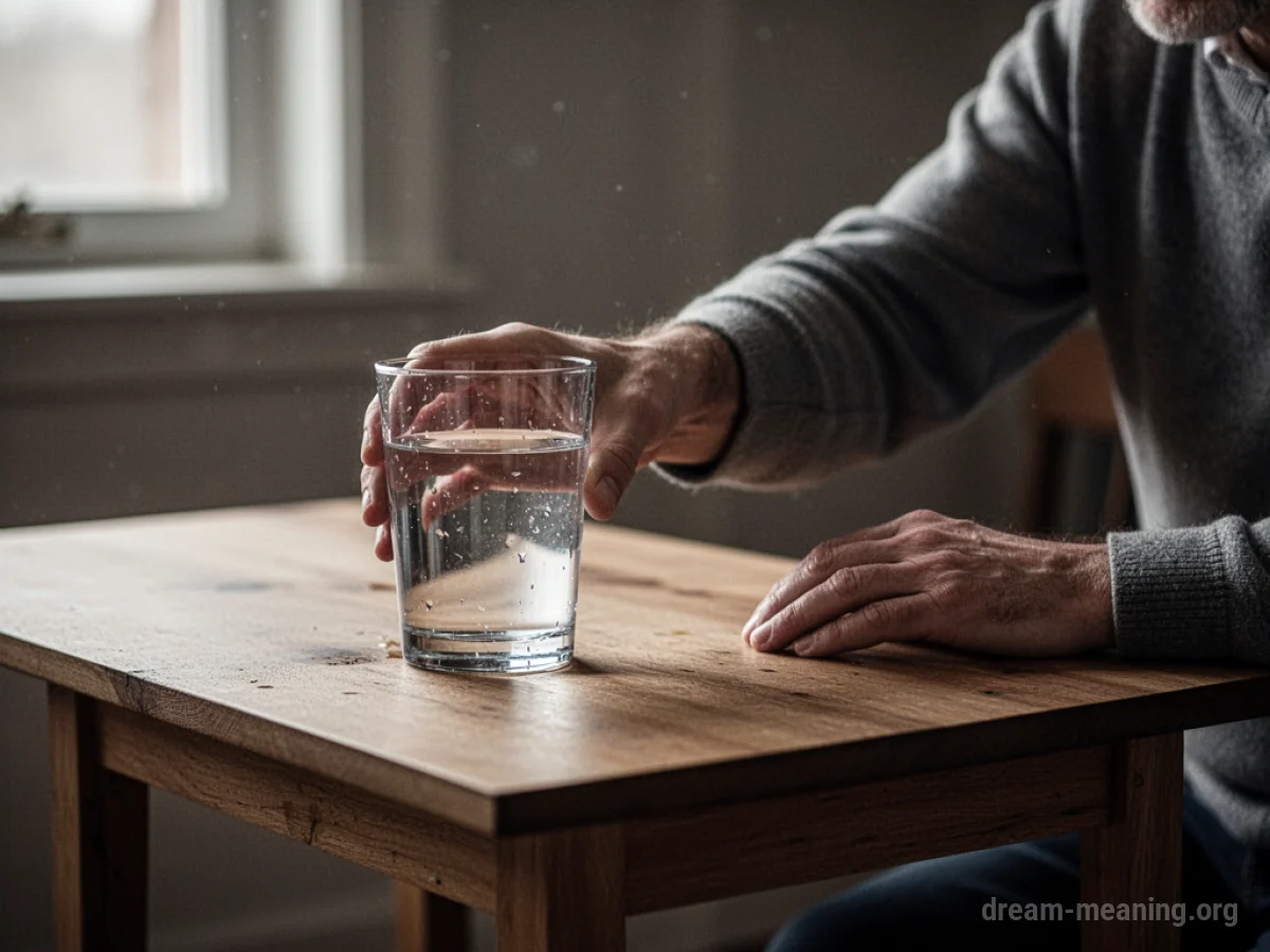 A hand reaching for a glass of water.