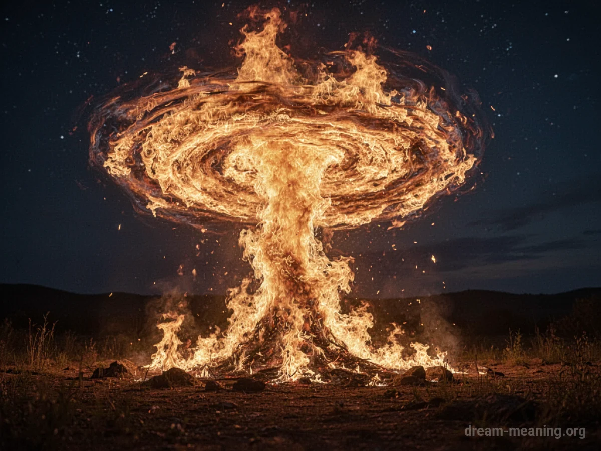 A column of fire twisting upwards into the darkness.