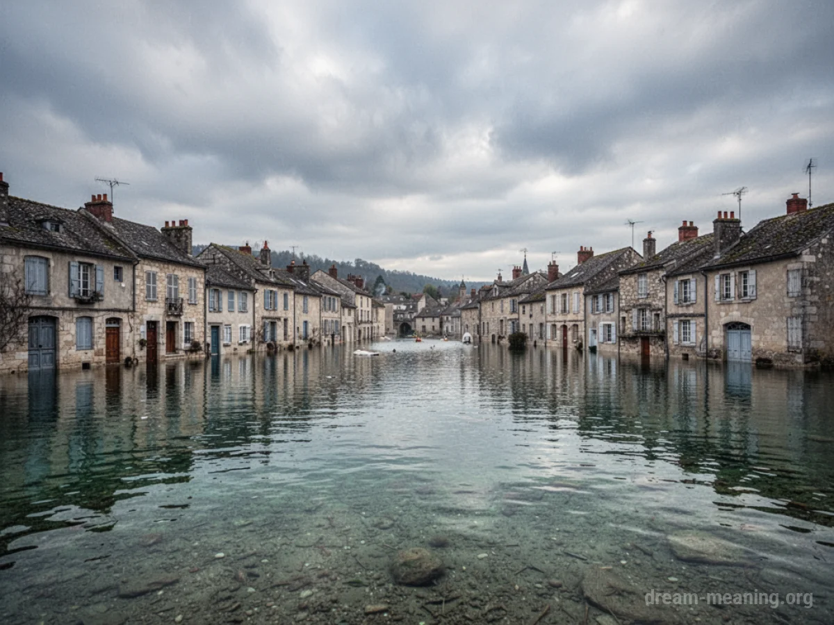 A town with water covering the streets and lower floors of buildings.