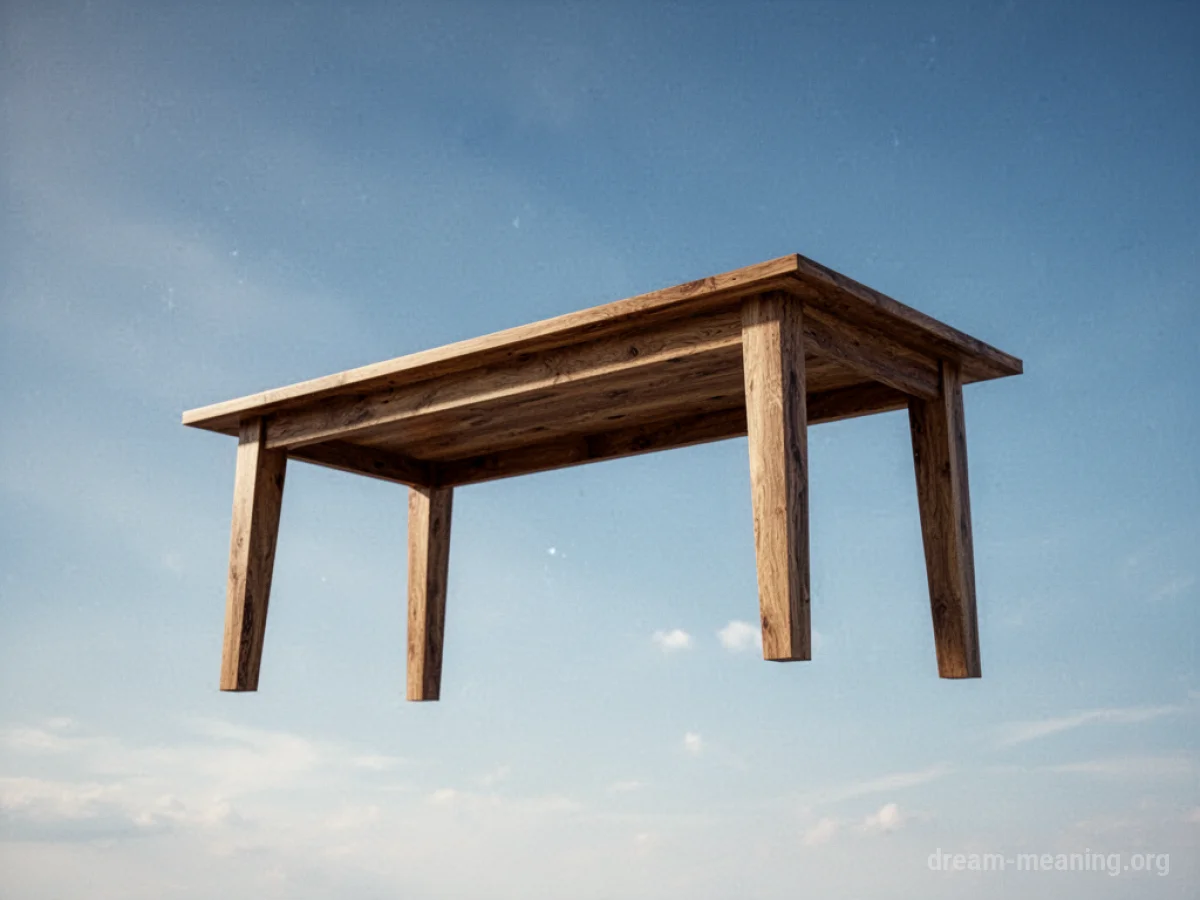 A wooden table floats high in the sky.