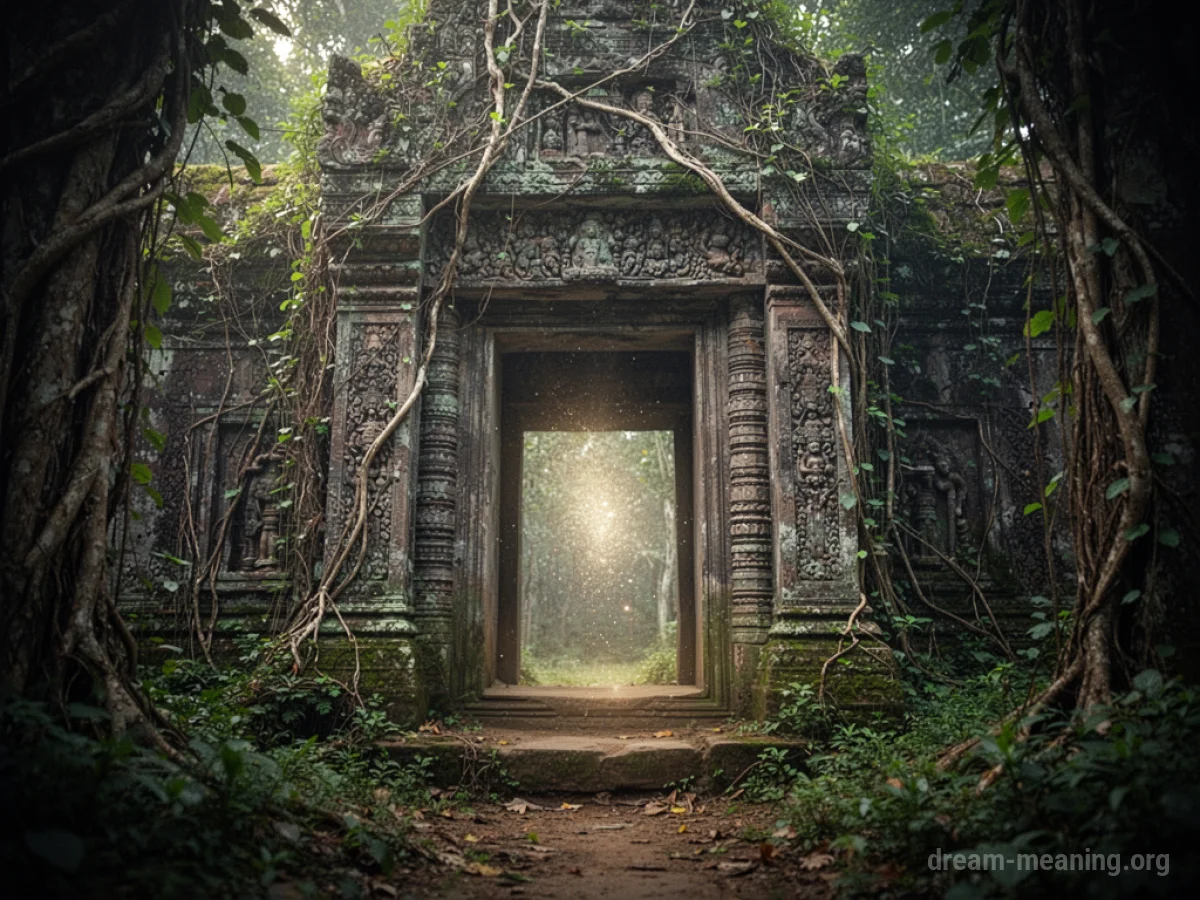 Overgrown entrance to an ancient stone temple.