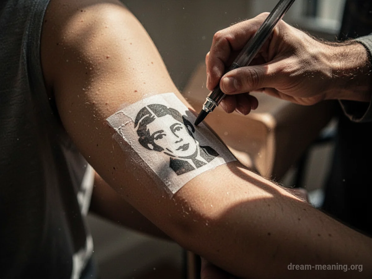 A close-up of a person's arm with a tattoo stencil.