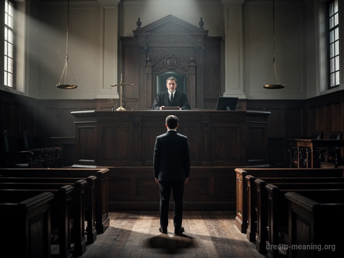 A person stands alone in a dark courtroom facing a judge's bench.