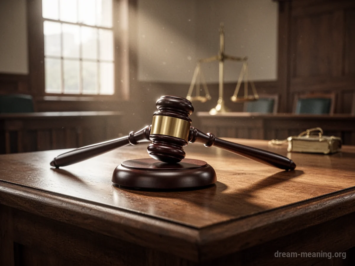 A wooden gavel on a courtroom desk with light shining through a window.