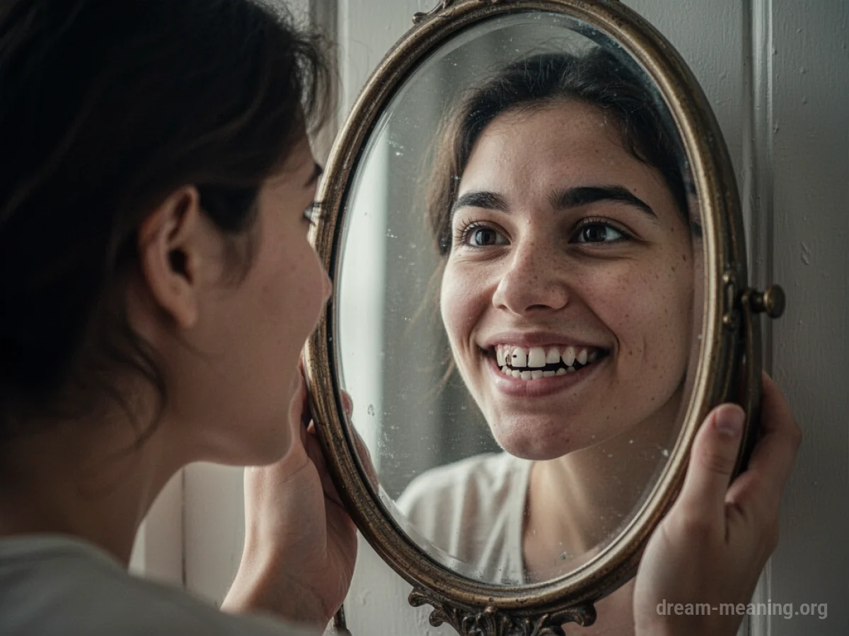 A person's reflection in a mirror showing a smile with missing teeth.