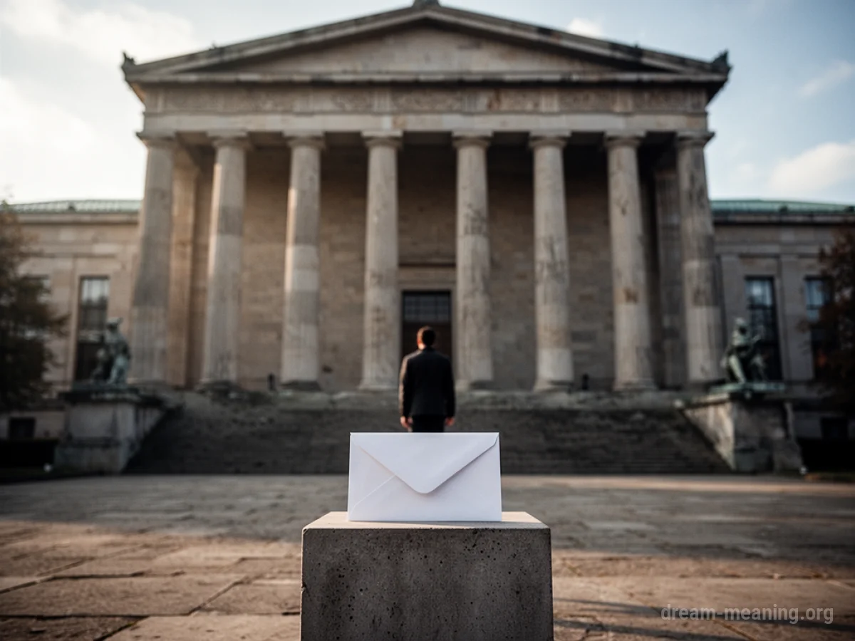 A person stands before a grand building with a letter on a pedestal.