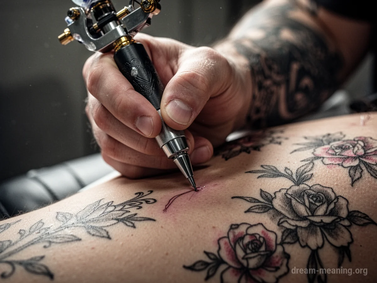 A tattoo gun poised above skin with a partially visible floral design.
