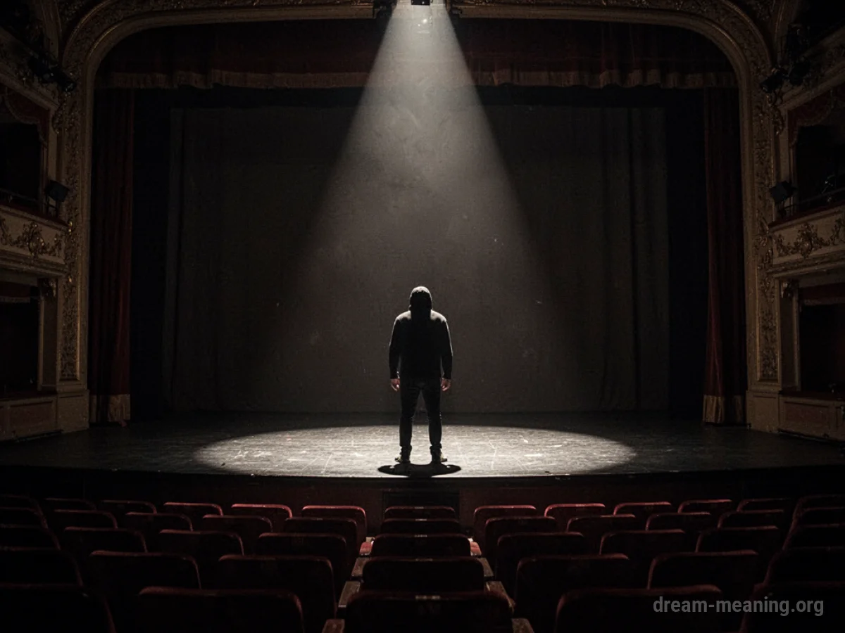 A translucent figure stands on a dark stage in an empty theater.