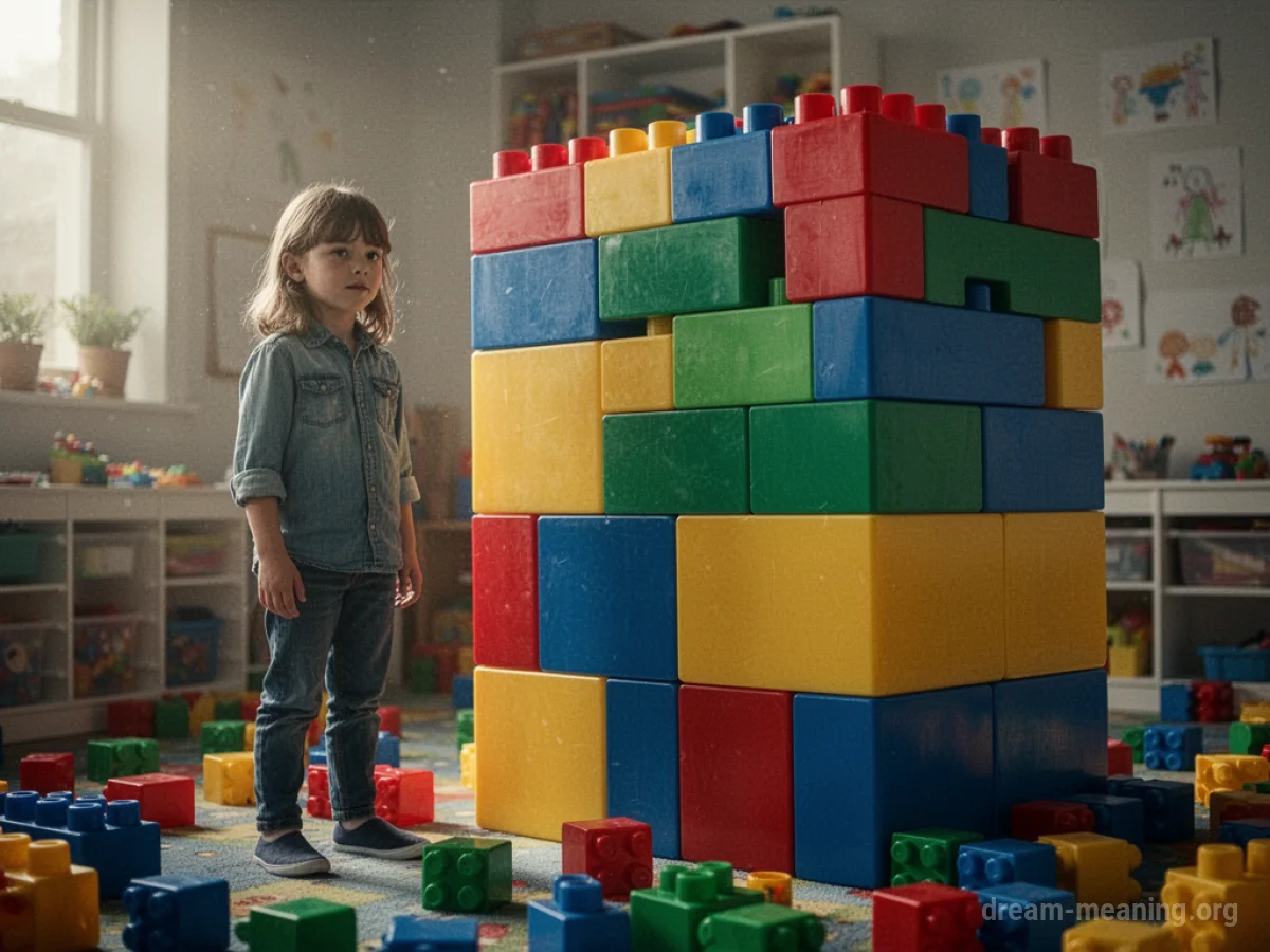 A person stands beside a colossal toy block.