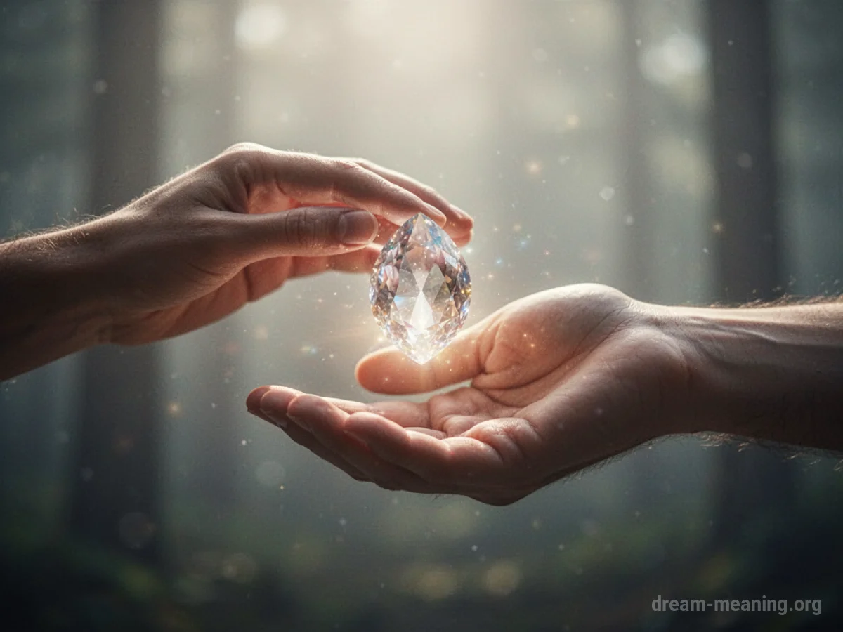 A hand holds out a sparkling gemstone towards another open palm.