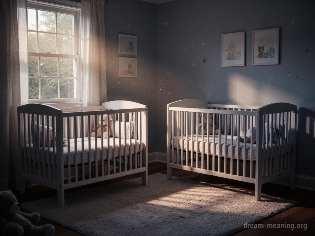 Two empty cribs in a softly lit room.