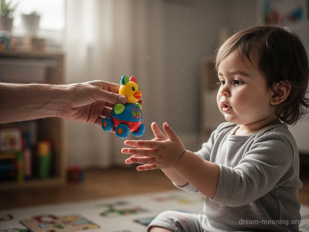 A hand extends a toy towards a child.