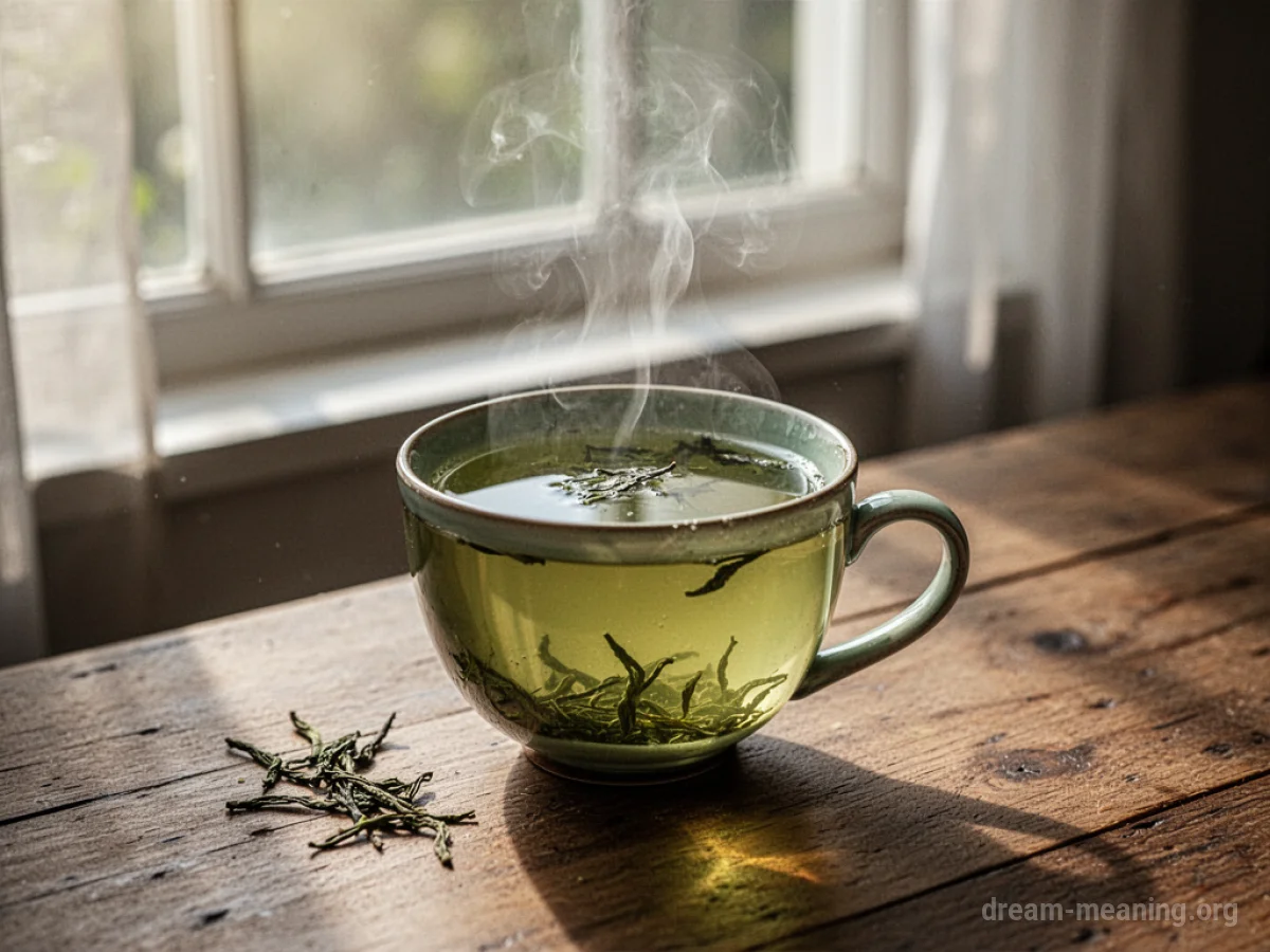 A close-up of a ceramic mug filled with green tea, with steam gently rising.