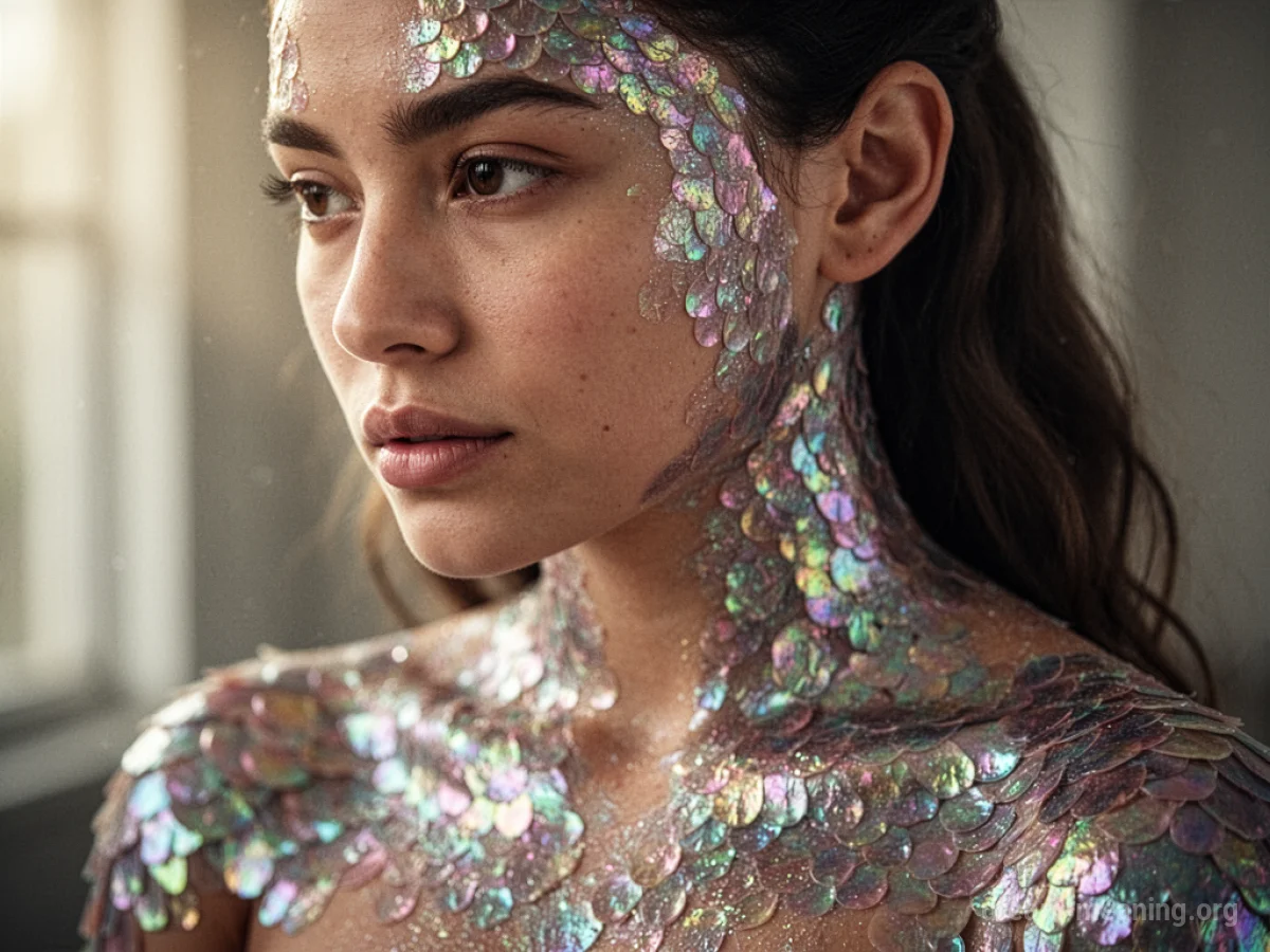 A person's skin is partially covered in shimmering scales.