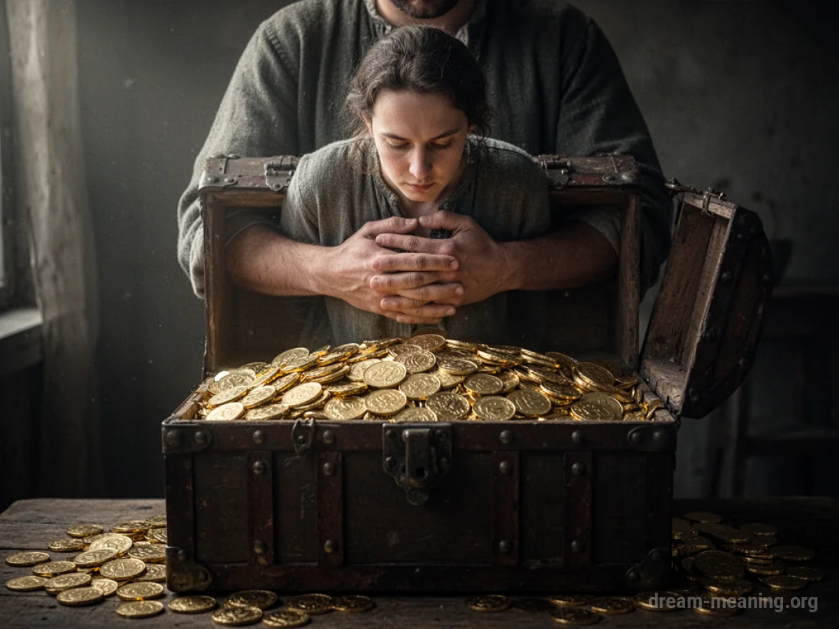 Person standing protectively over a treasure chest.