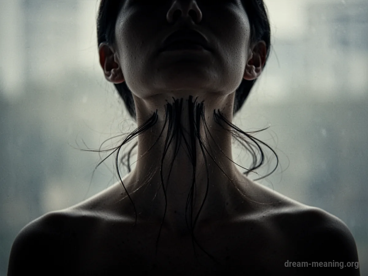 Silhouette of a person with hair obscuring their throat.