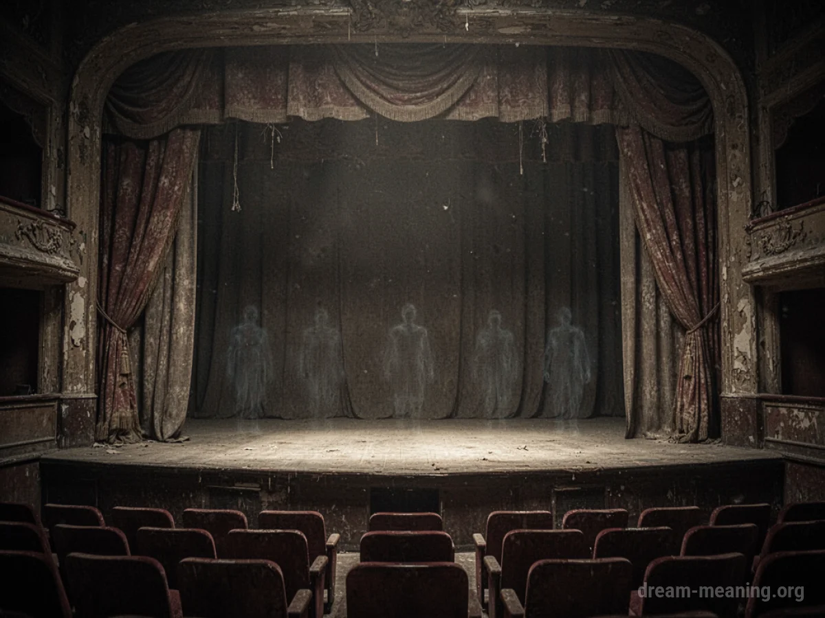 An empty, dimly lit theater with visible shadowy figures on stage.