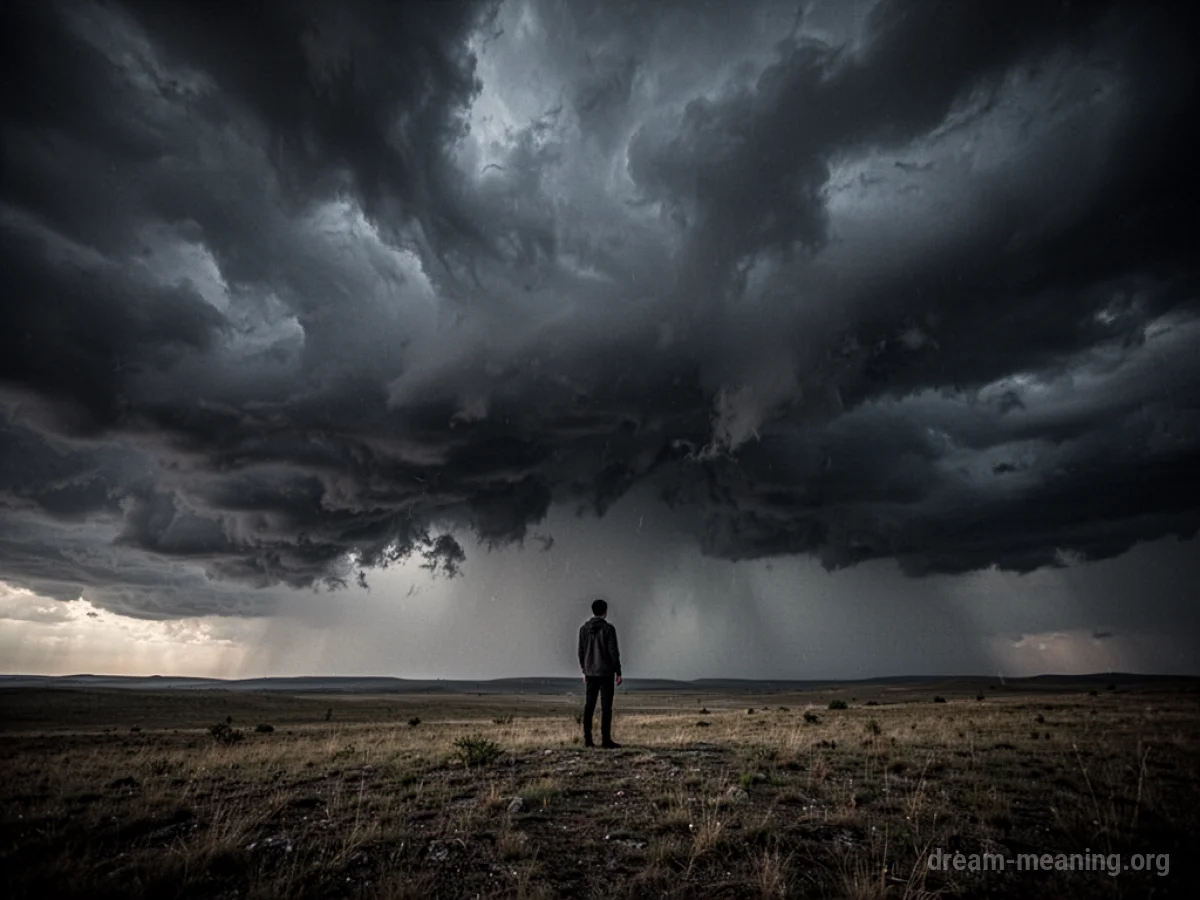 A small silhouette of a person facing a large, turbulent storm cloud.